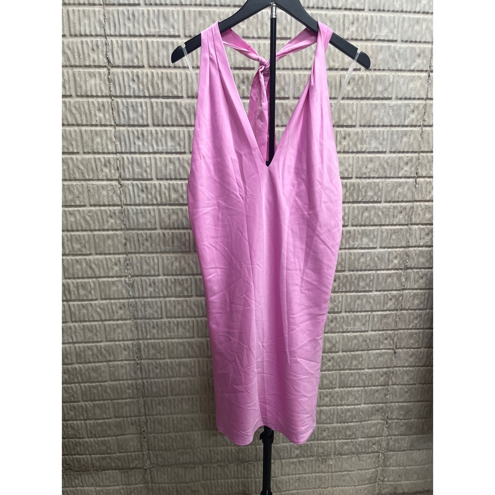 Wild Fable Womens Pink Satin Halter Mini Dress Deep V-Neck Tie Back Size L NEW